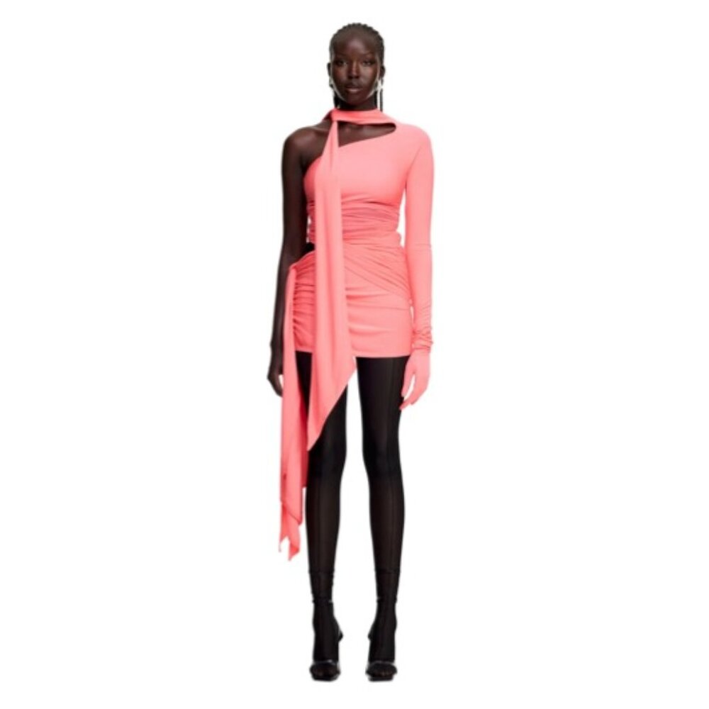 MUGLER X H&M Salmon Pink Knot-detail One-shoulder Dress with Glove Size M